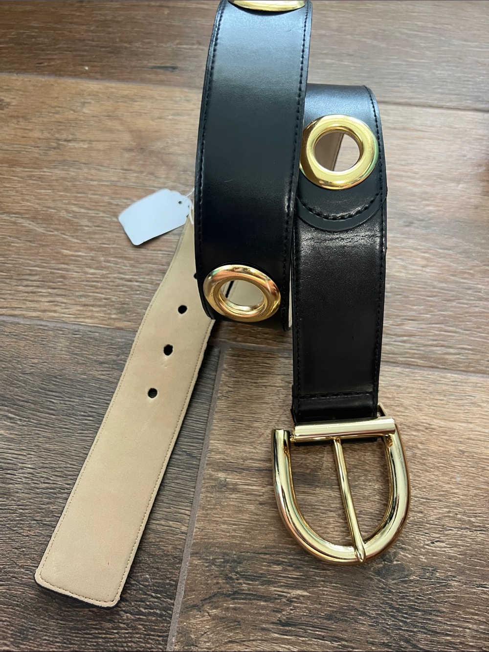 Michael Kors Black Leather Grommet Belt with Gold Hardware
